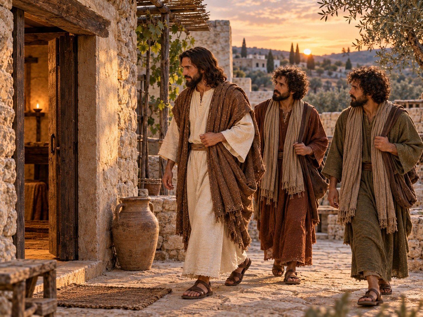 Ao entardecer, Jesus e os discípulos descem a encosta do monte das Oliveiras em direção a uma aldeia de casas de pedra, com as muralhas de Jerusalém e o templo ficando para trás, iluminados pelo sol poente.