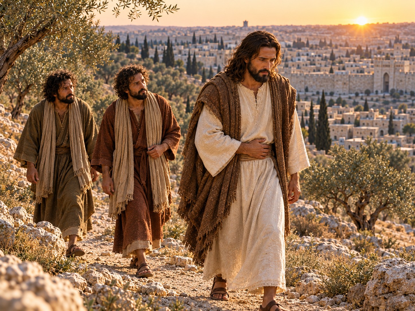 Na luz fria do amanhecer, Jesus sobe sozinho a estrada de pedra do monte das Oliveiras, com o manto puxado sobre os ombros e o olhar voltado para as muralhas de Jerusalém ao longe.