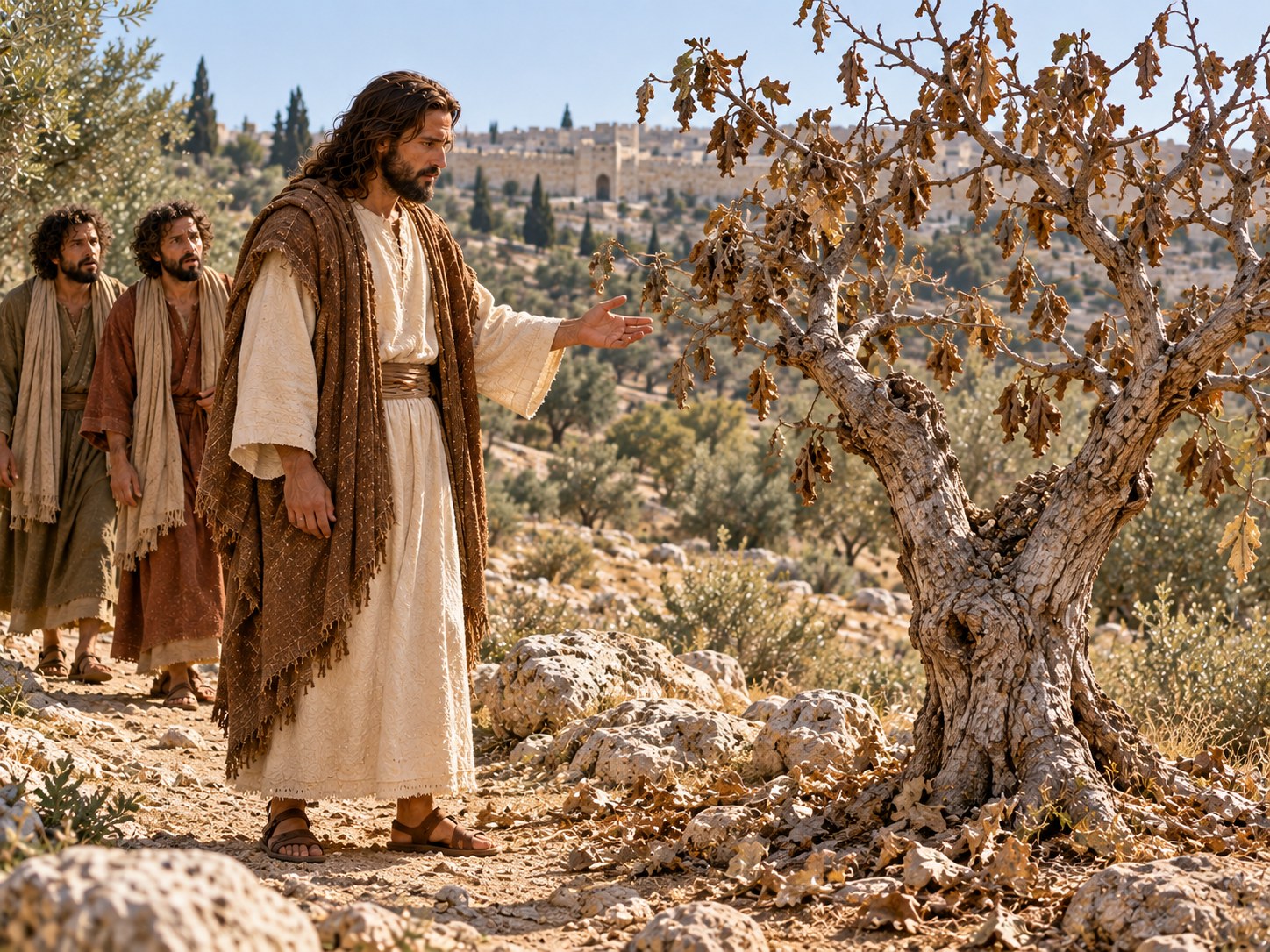 Uma figueira solitária à beira de uma estrada de pedra numa encosta seca da Judeia, coberta de folhas largas e sem nenhum fruto, com um homem de túnica parado diante dela e Jerusalém ao longe na luz da manhã.
