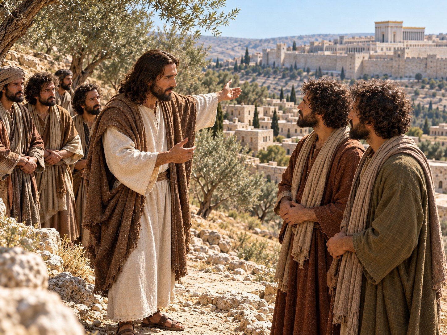 Um grupo de viajantes parado na encosta de um monte coberto de oliveiras, olhando para uma cidade murada do outro lado do vale, enquanto dois homens se afastam do grupo por uma trilha em direção a uma pequena aldeia de casas de pedra.