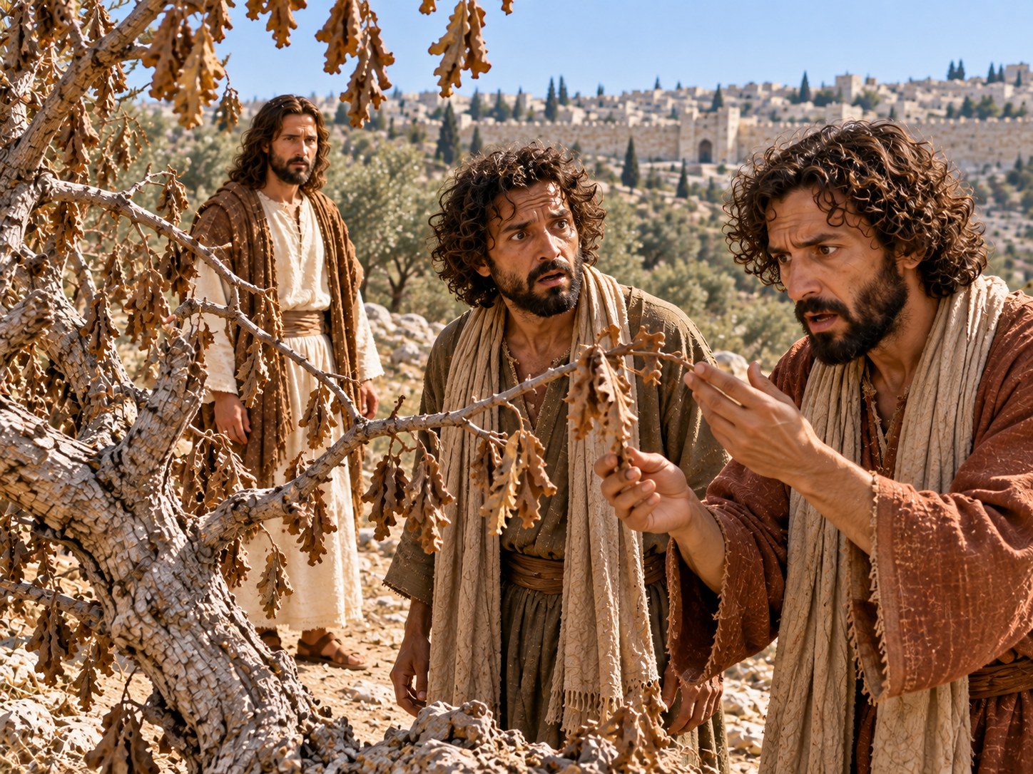 Um grupo de discípulos de túnica parados numa estrada de pedra, olhando espantados para uma figueira de galhos secos e folhas murchas, com a luz da manhã e as muralhas de Jerusalém ao fundo.
