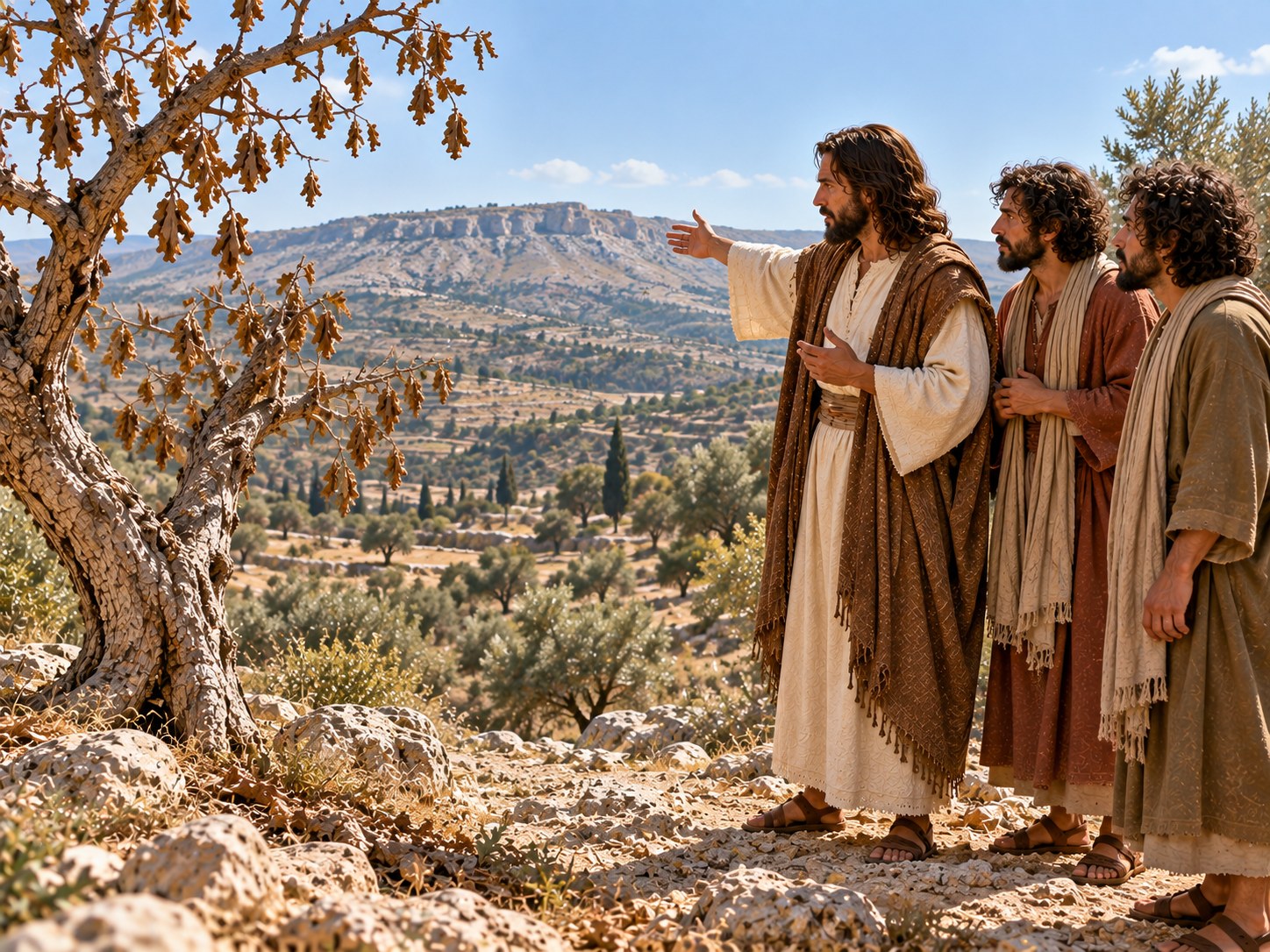 Vista do alto do Monte das Oliveiras ao amanhecer: à esquerda, do outro lado do vale, a esplanada do templo de Jerusalém; à direita, ao longe no deserto, o brilho do Mar Morto; em primeiro plano, Jesus fala a um grupo de discípulos ao lado de uma figueira seca.