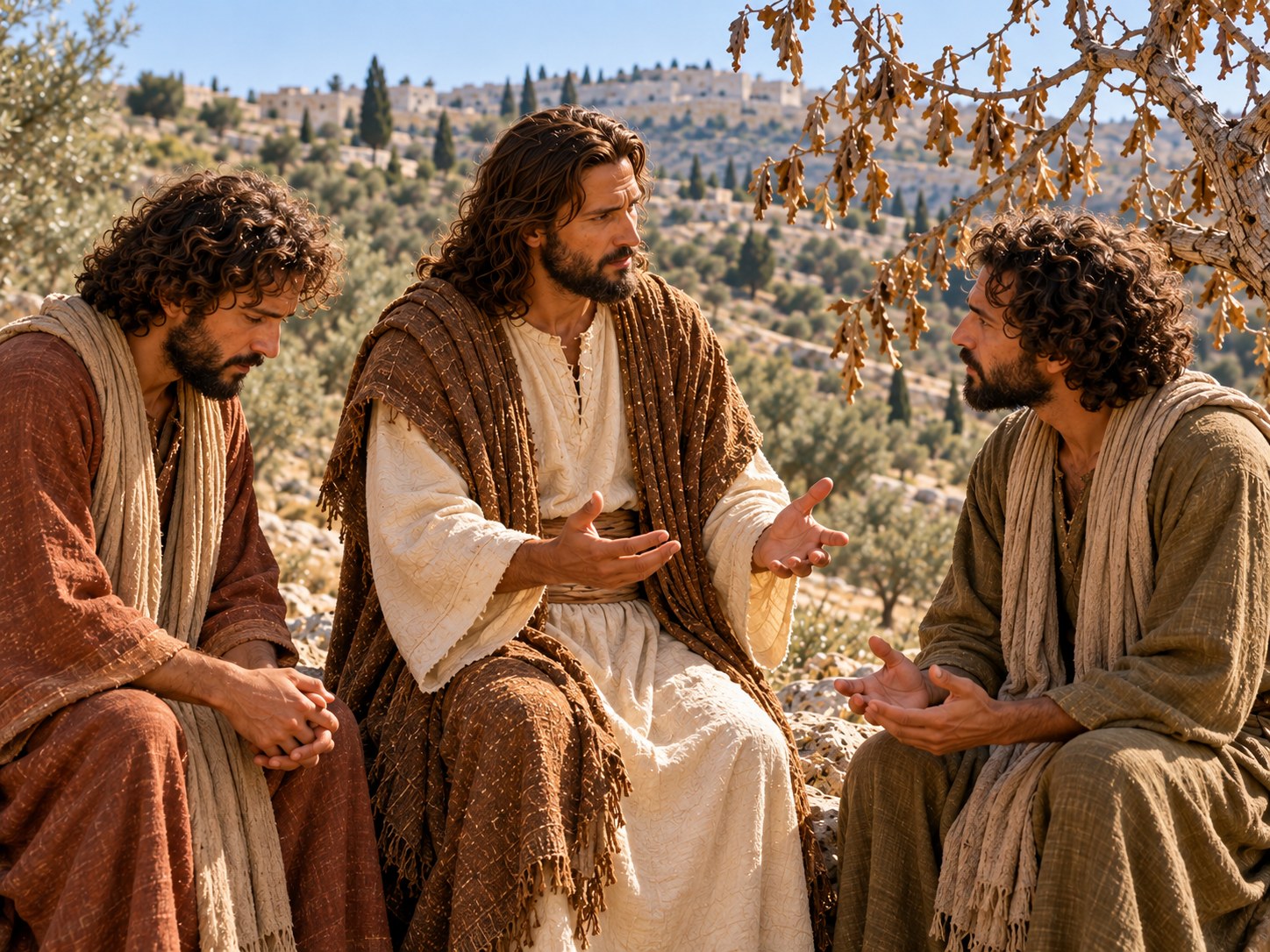 Grupo de discípulos parados numa estrada de terra ao amanhecer, ao lado de uma figueira seca e sem folhas, enquanto Jesus fala com eles; ao fundo, sobre o monte, as muralhas e o templo de Jerusalém.