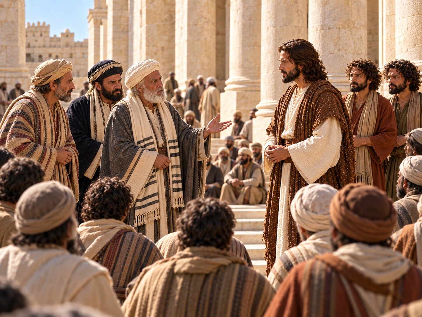 Jesus sentado sob um pórtico de colunas no pátio do templo de Jerusalém, ensinando um grupo de ouvintes, enquanto sacerdotes de vestes ricas e anciãos de barba branca se aproximam dele com expressão severa.