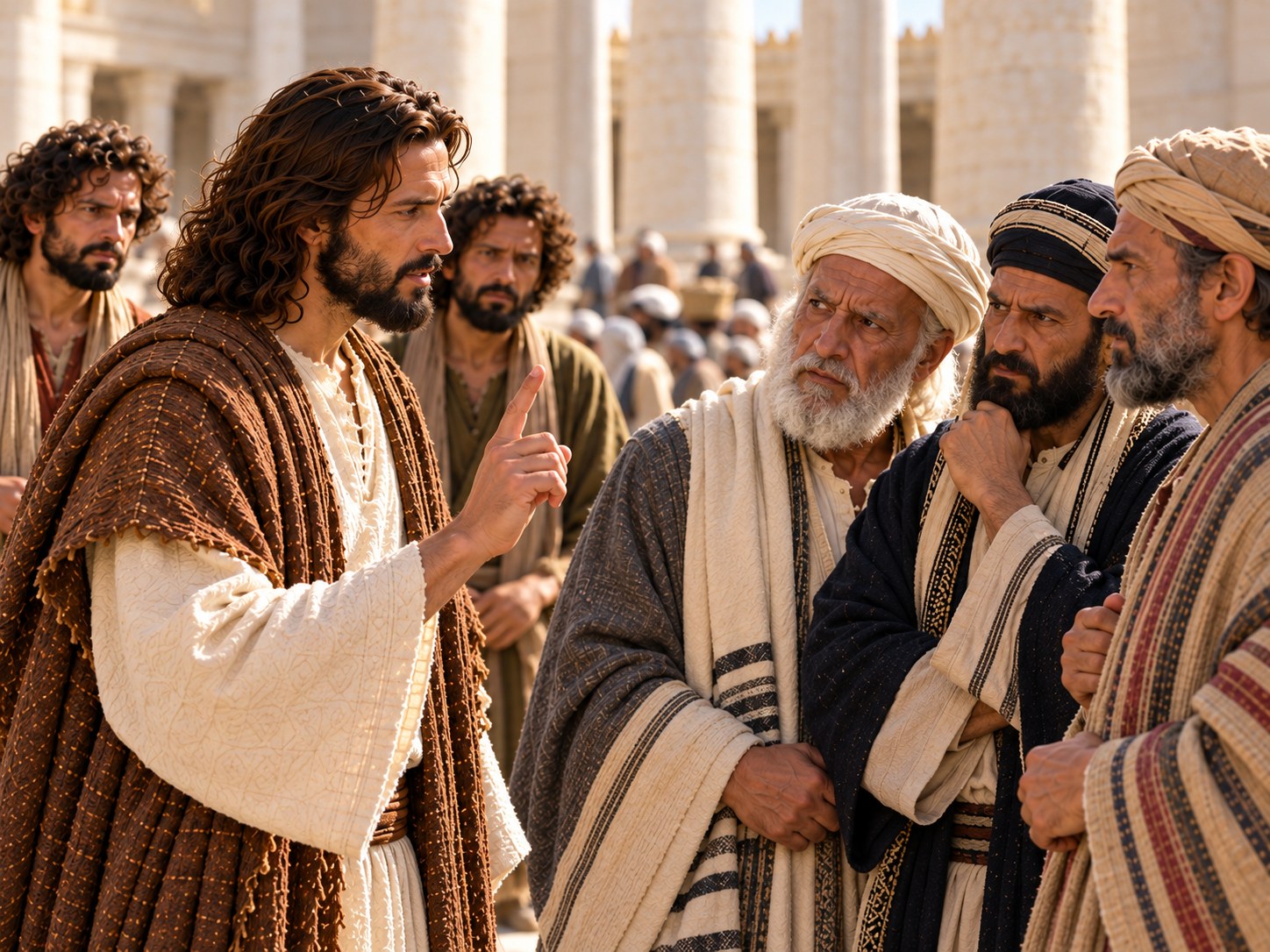 No pátio do templo de Jerusalém, Jesus, de pé e calmo, ergue a mão enquanto faz uma pergunta a um grupo de sacerdotes e anciãos que se entreolham, hesitantes; ao redor, peregrinos observam a cena.
