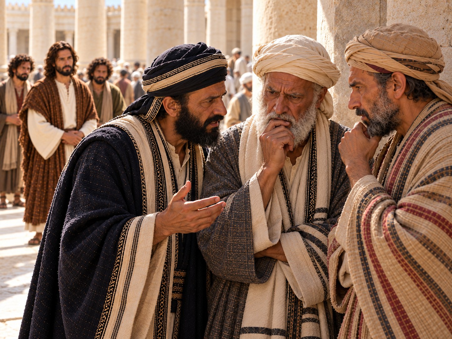 Num canto do pátio do templo de Jerusalém, um grupo de sacerdotes e anciãos de vestes ricas conversa em voz baixa, cabeças próximas, enquanto Jesus aguarda a resposta a alguns passos, observado por peregrinos.