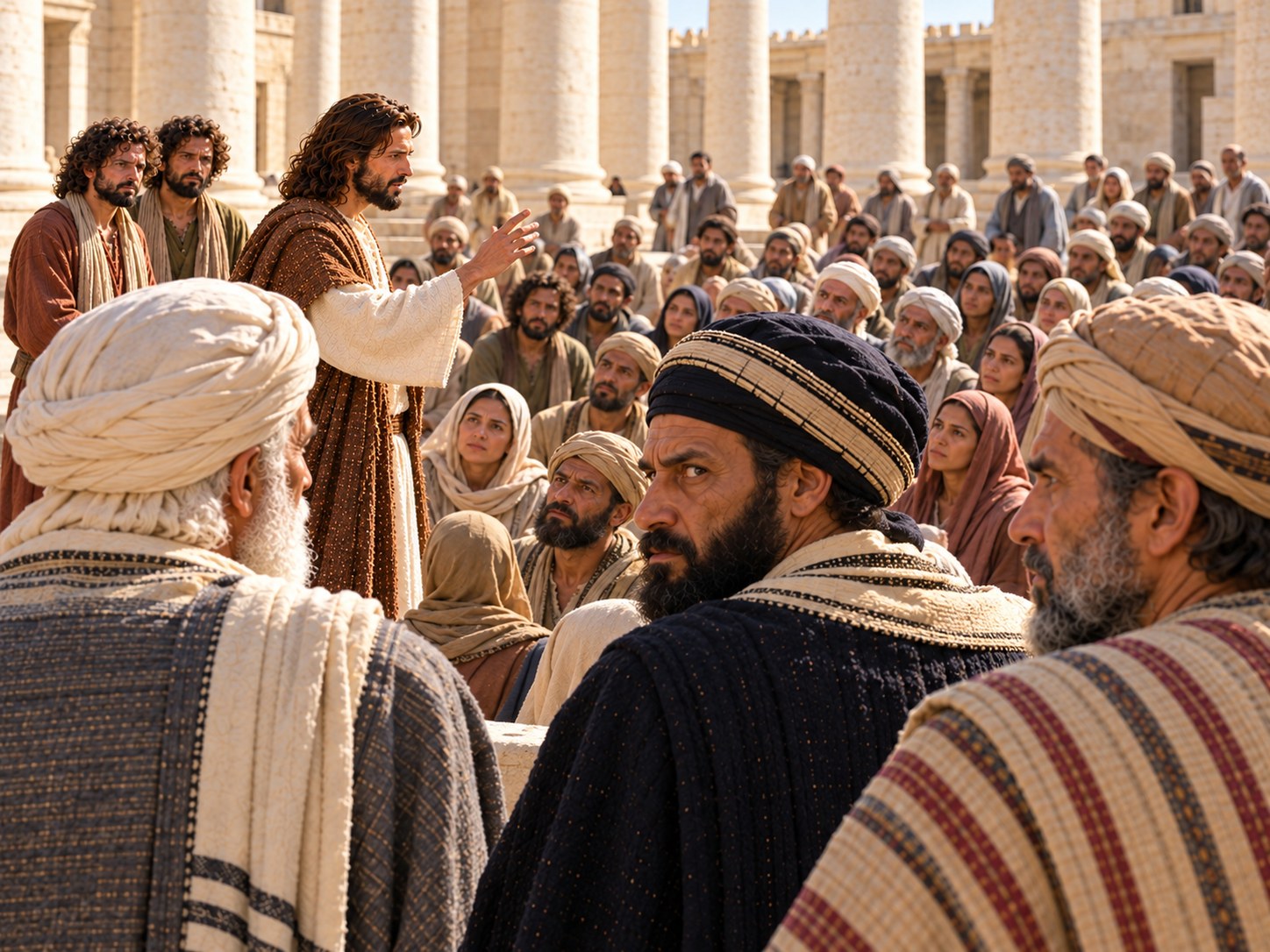 Um grupo de sacerdotes de vestes ricas olha de esguelha para a multidão de peregrinos que enche o pátio do templo de Jerusalém; alguns homens do povo seguram pedras soltas do pavimento, e o clima é tenso.