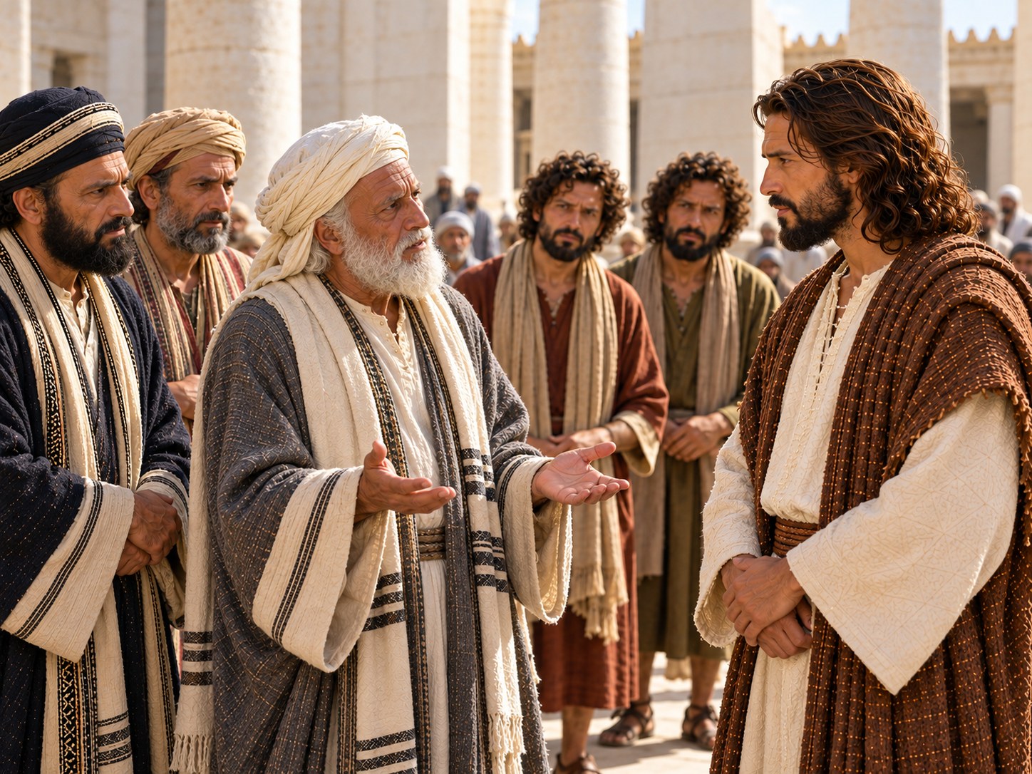 No pátio do templo de Jerusalém, os chefes dos sacerdotes, de braços cruzados e rostos fechados, dão de ombros diante de Jesus, que os encara sereno; ao redor, a multidão de peregrinos observa em silêncio.