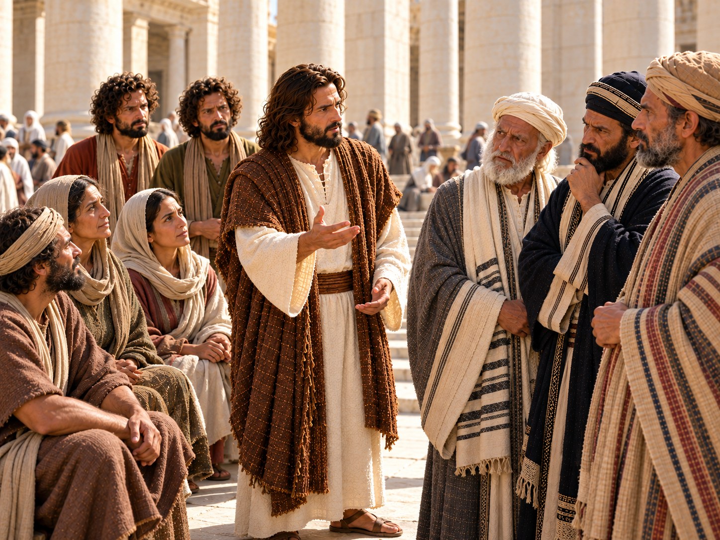 No pátio do templo de Jerusalém, Jesus responde a um grupo de sacerdotes de mantos ricos; ao fundo, à margem da multidão, um cobrador de impostos com sua bolsa e uma mulher de véu simples observam a cena.