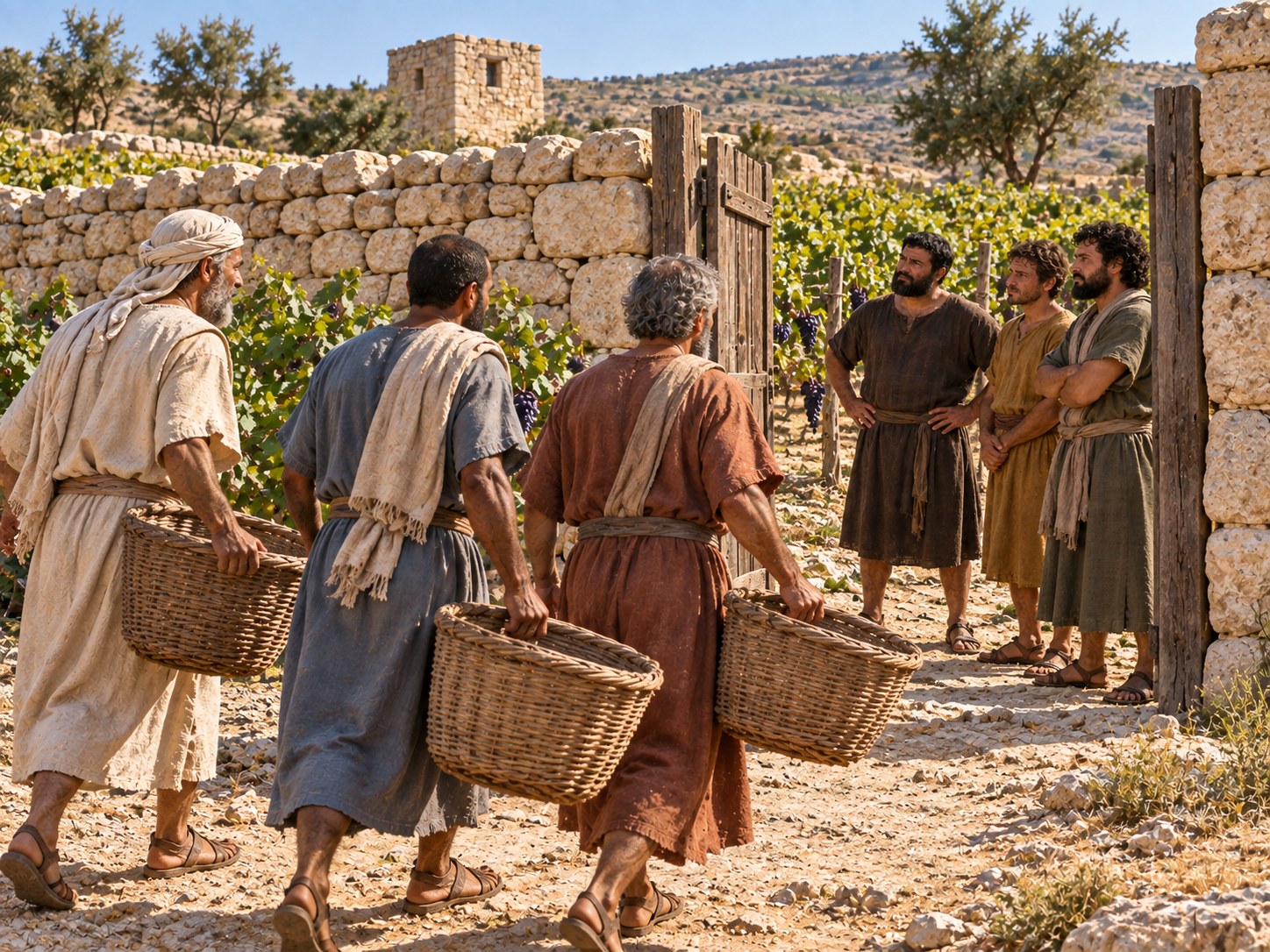 No fim do verão, numa vinha de encosta com videiras carregadas de uvas, dois servos com túnicas simples chegam a pé pela trilha de pedras enquanto lavradores, de cestos cheios junto ao lagar, param o trabalho e os observam.