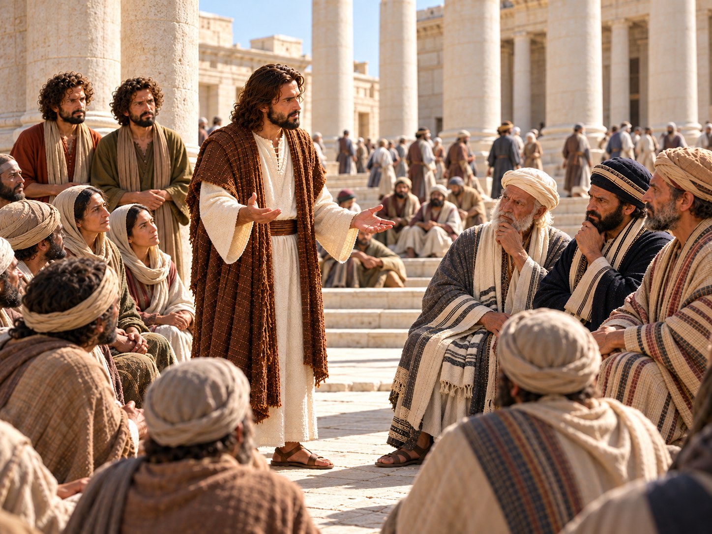 No pátio do templo de Jerusalém, Jesus, de pé, faz uma pergunta a um grupo de sacerdotes e anciãos de vestes ricas, que o escutam atentos e começam a abrir a boca para responder; ao fundo, uma multidão observa.