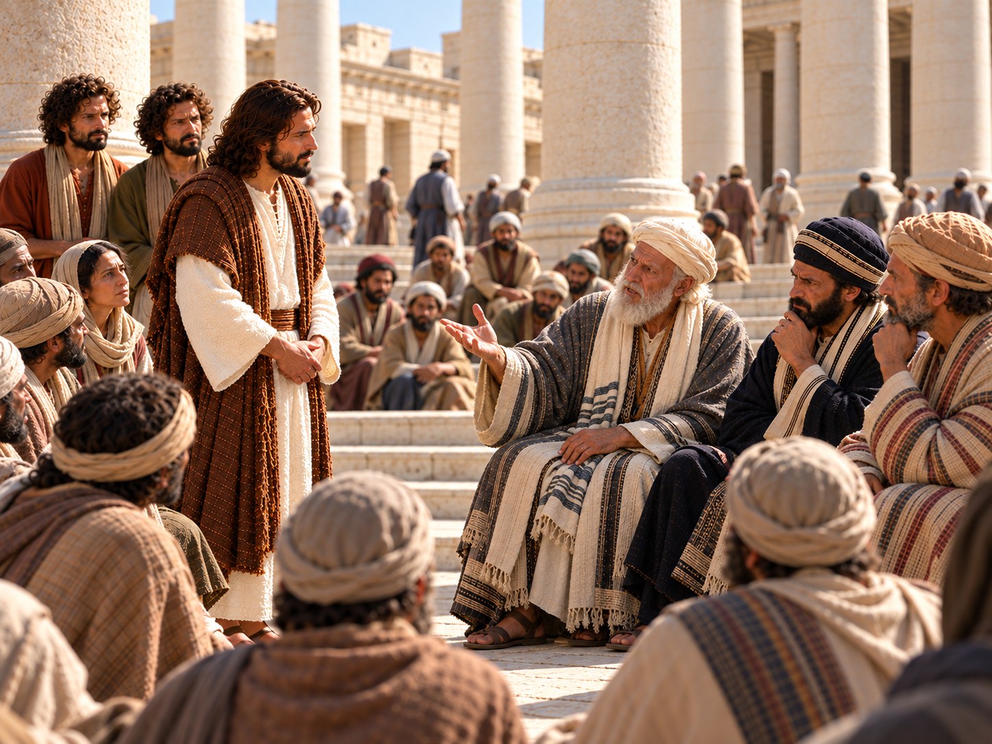 No pátio do templo, um grupo de sacerdotes e anciãos responde com gestos enfáticos e expressão severa, enquanto Jesus os observa em silêncio; ao fundo, a multidão escuta.
