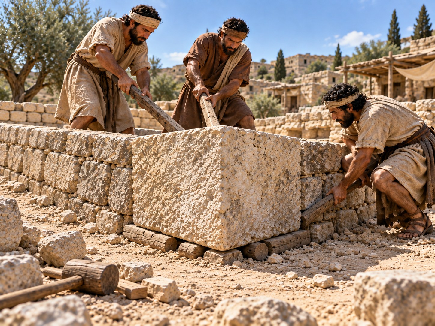 Num canteiro de obras antigo de pedra clara, um grande bloco talhado, deixado de lado no chão entre lascas, contrasta com uma esquina de muro em construção onde trabalhadores erguem pedras com cordas; ao fundo, o templo de Jerusalém.
