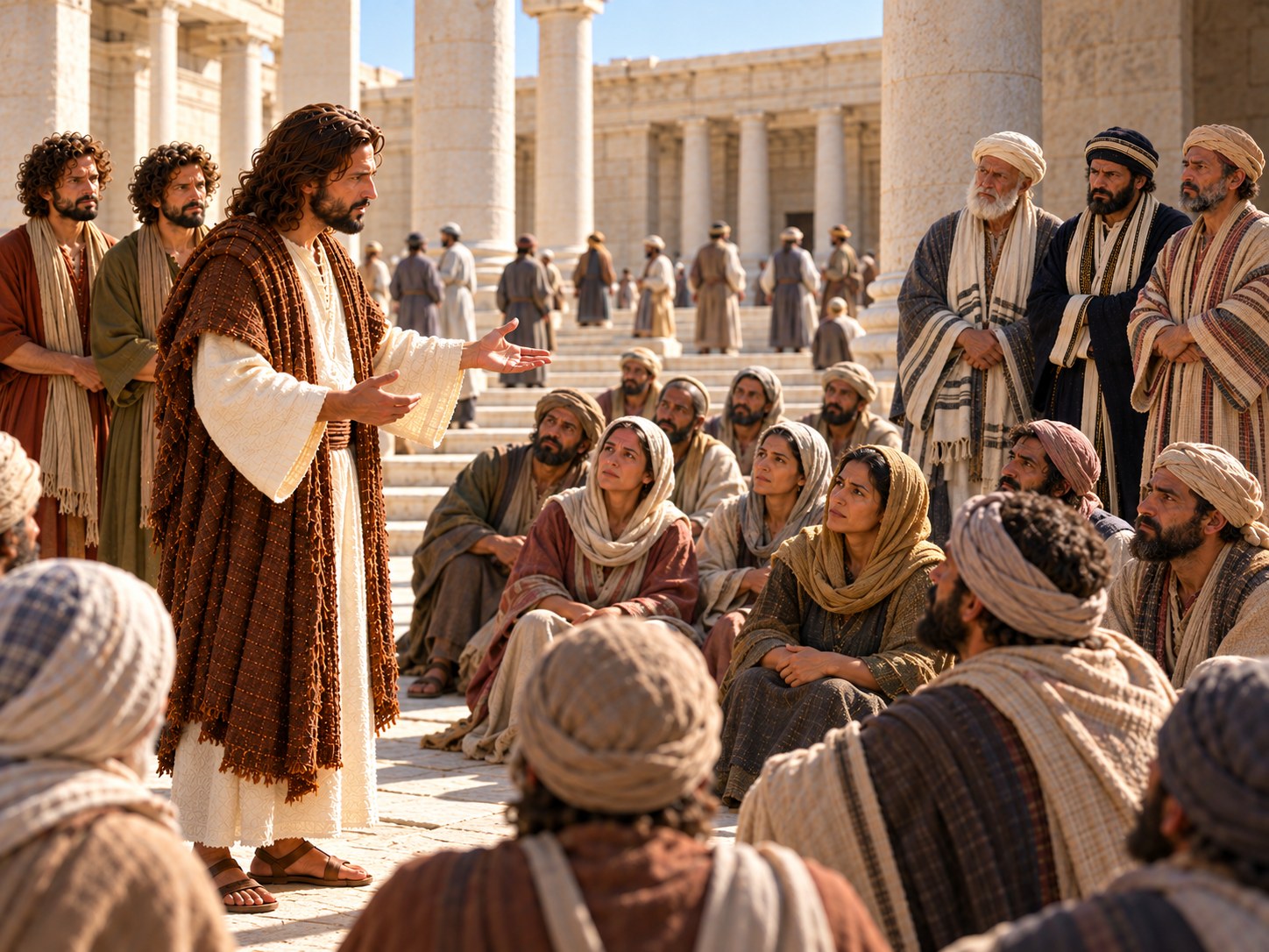 Jesus de pé no pátio do templo de Jerusalém, falando com firmeza a um grupo de sacerdotes de vestes ricas e anciãos de barba branca, enquanto ao fundo uma vinha carregada de cachos aparece pela abertura de um pórtico de colunas.