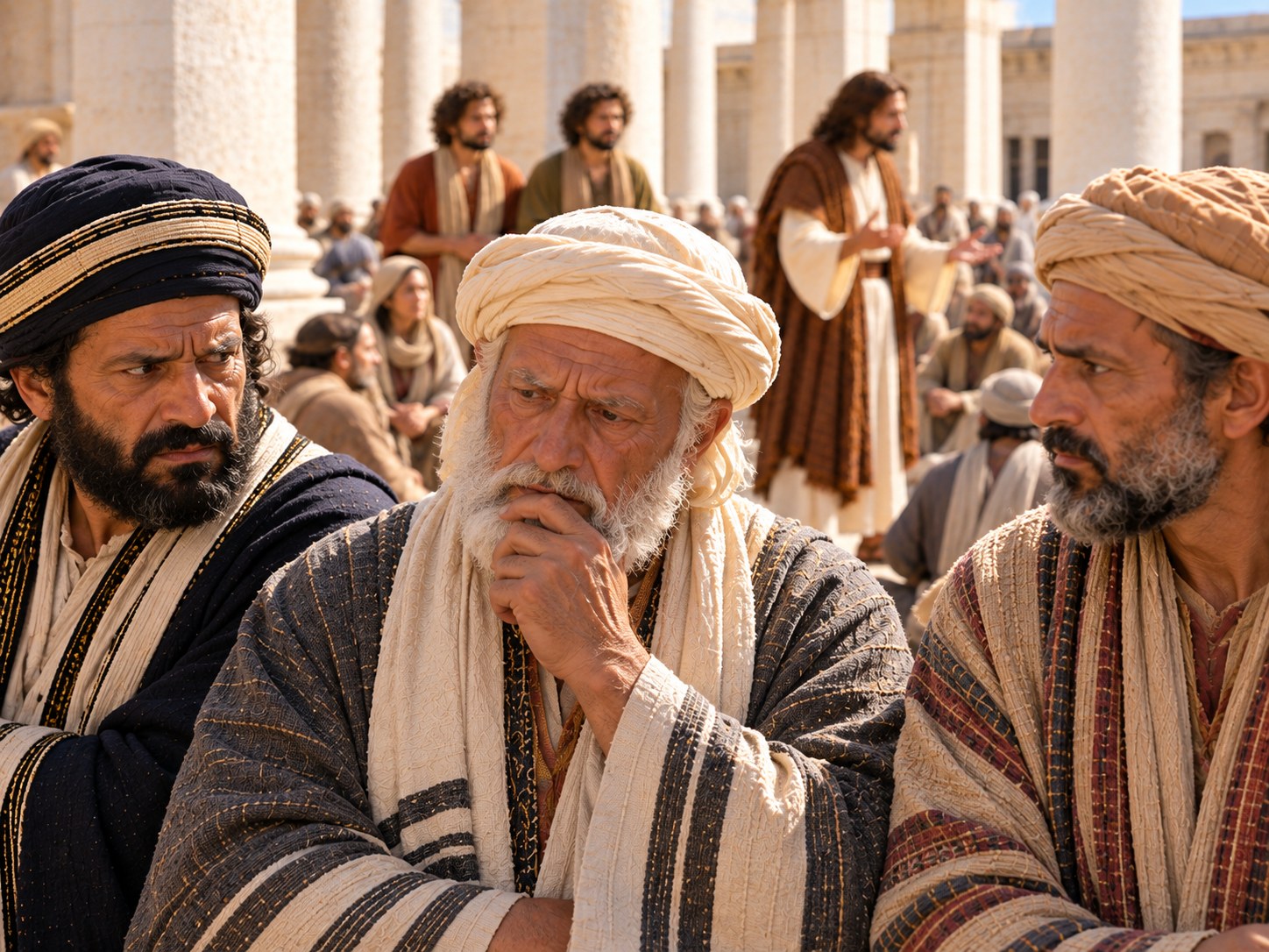 Um grupo de sacerdotes de vestes ricas e de fariseus de mantos com franjas reunido à sombra de uma colunata do templo de Jerusalém, cochichando entre si com expressões tensas, enquanto ao fundo, desfocado, Jesus fala a uma multidão.