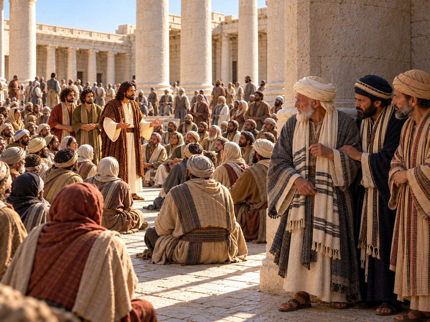 Guardas levitas com bastões parados à sombra de um pórtico do templo de Jerusalém, hesitantes, observando de longe uma multidão densa de peregrinos que cerca Jesus enquanto ele ensina no pátio ensolarado.