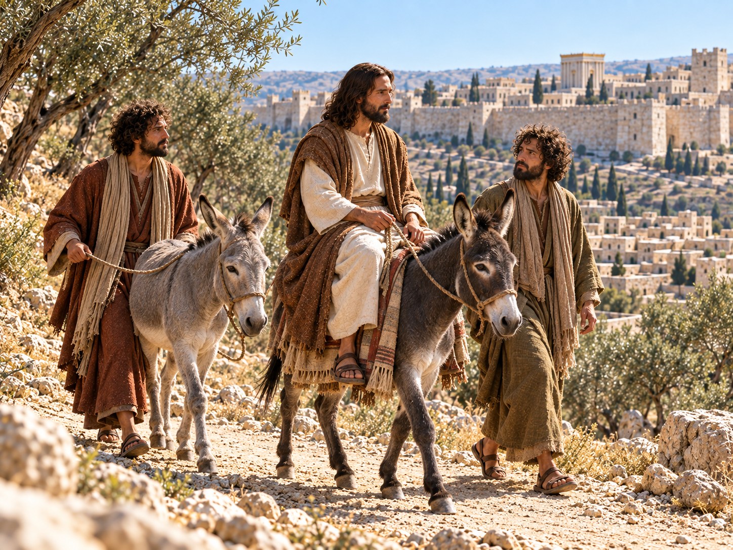 Um homem de túnica simples montado num jumentinho jovem, com a jumenta mãe caminhando ao lado, subindo uma estrada de pedra em direção às muralhas de Jerusalém.