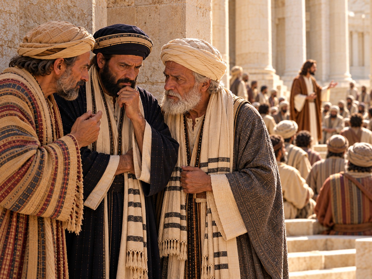 Grupo de fariseus reunido à parte, longe do pátio do templo onde Jesus ensina, deliberando em voz baixa