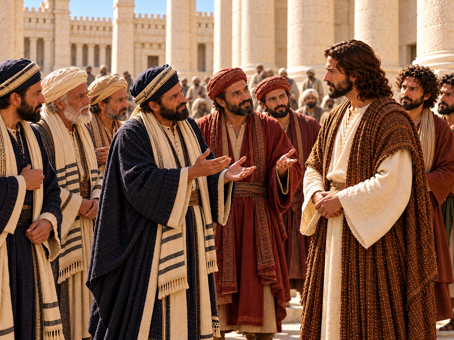 Jovens alunos dos fariseus acompanhados de homens vestidos à maneira da corte, dirigindo-se com cortesia a Jesus no pátio do templo