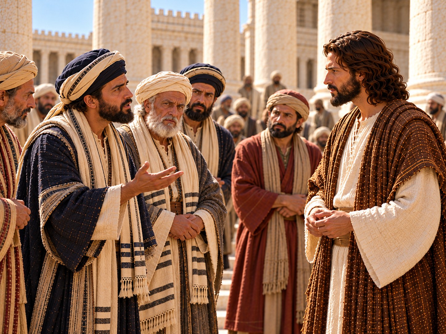 Emissários dos fariseus e herodianos diante de Jesus no pátio do templo, formulando a pergunta sobre o tributo enquanto peregrinos observam