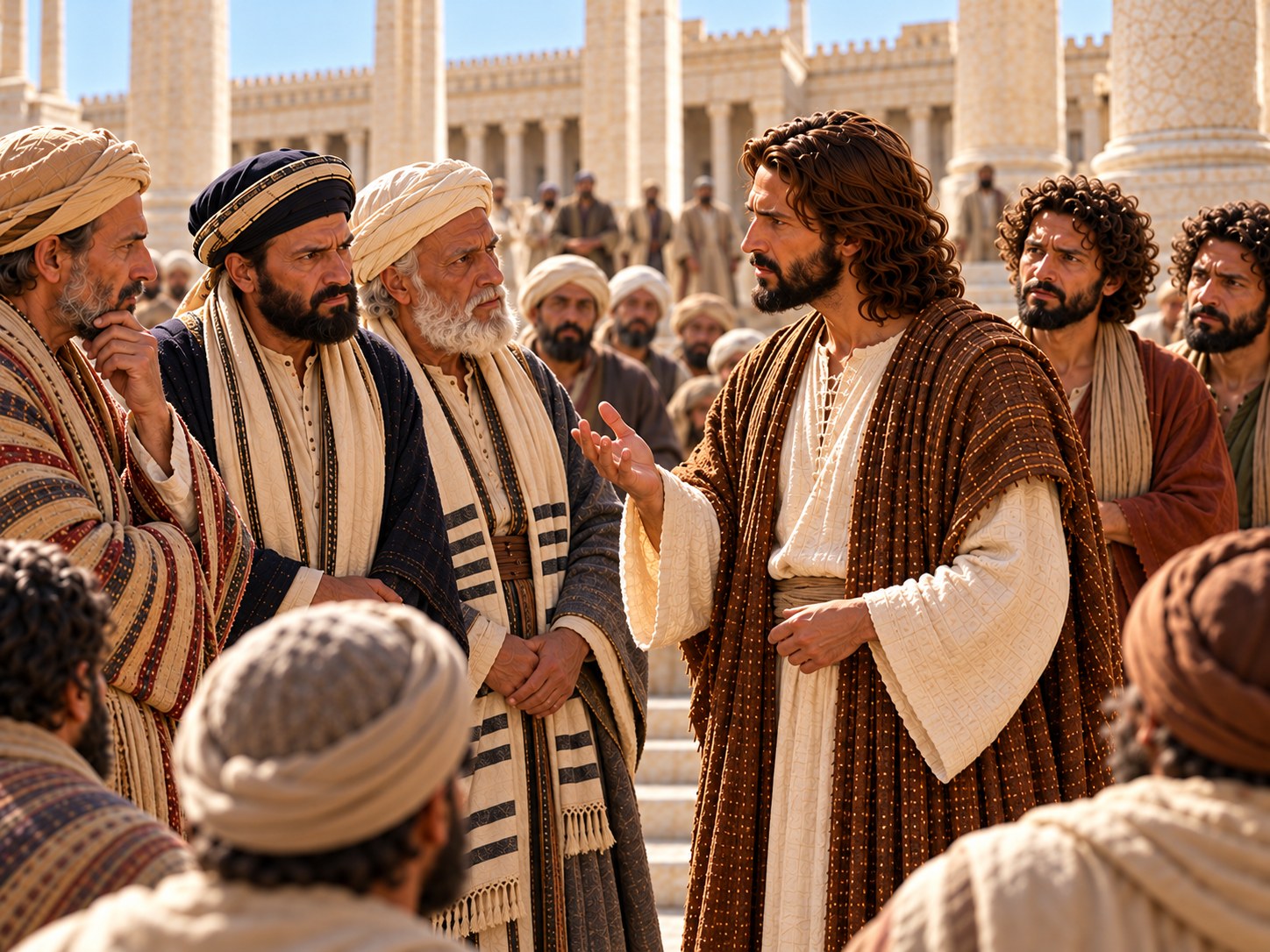 No pátio do templo de Jerusalém, Jesus responde a uma delegação de fariseus e herodianos que lhe pergunta sobre o tributo a César, enquanto peregrinos observam a conversa.