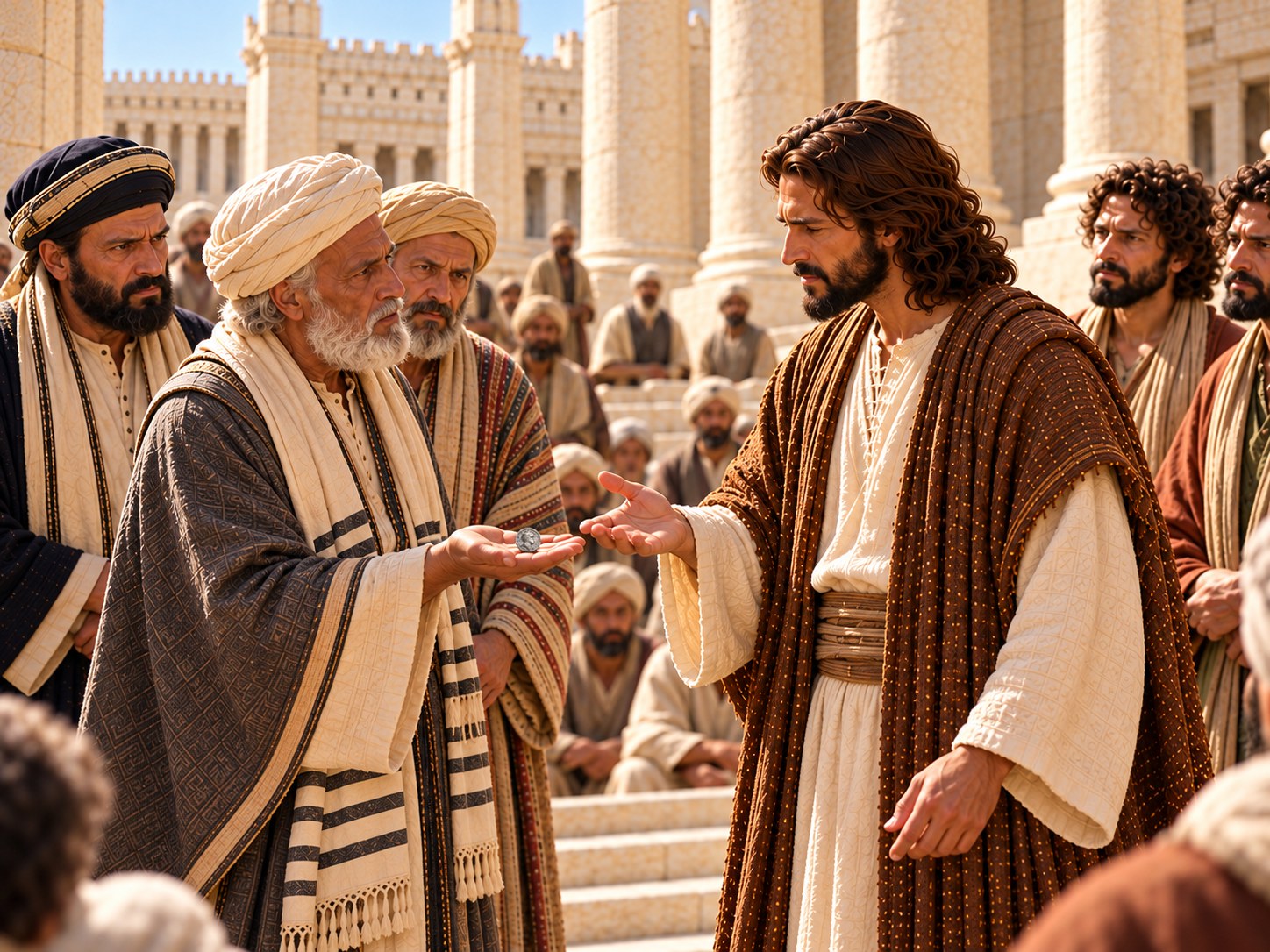 No pátio do templo de Jerusalém, um homem ergue uma moeda de prata romana diante de Jesus, que a pediu para responder à pergunta sobre o tributo a César.