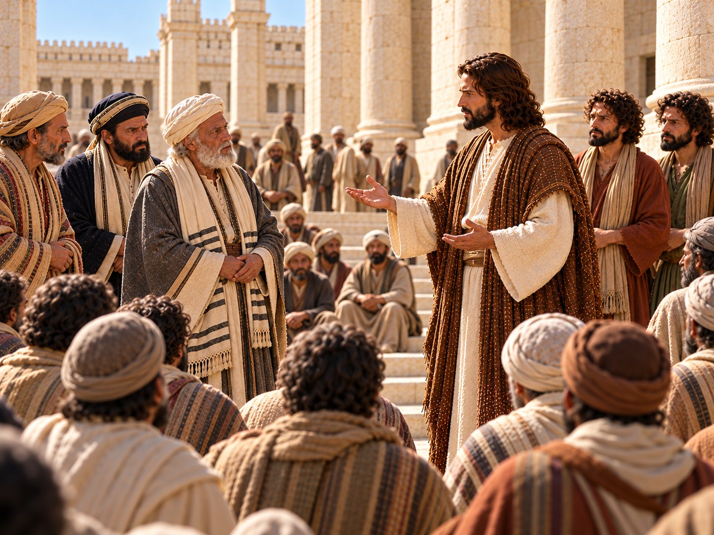 Jesus ensinando em pé no pátio do templo de Jerusalém, diante de sacerdotes e fariseus, com a multidão de peregrinos ao fundo