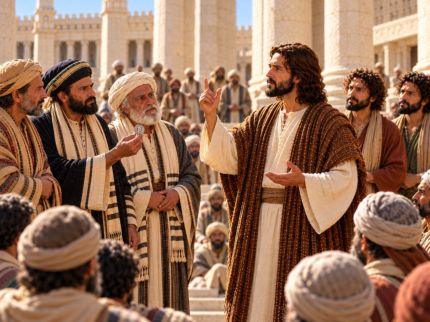 No pátio do templo de Jerusalém, Jesus devolve a moeda romana aos que o interrogavam sobre o tributo, enquanto a multidão escuta a resposta sobre César e Deus.