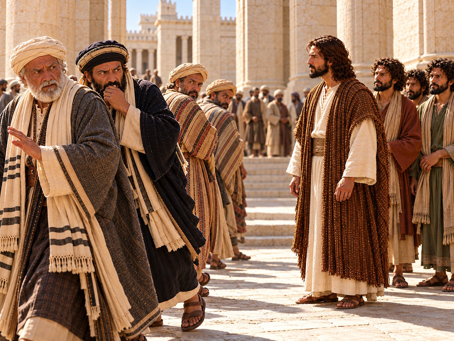 No pátio do templo de Jerusalém, a delegação de fariseus e herodianos se afasta em silêncio depois da resposta de Jesus sobre o tributo, enquanto ele permanece no lugar.