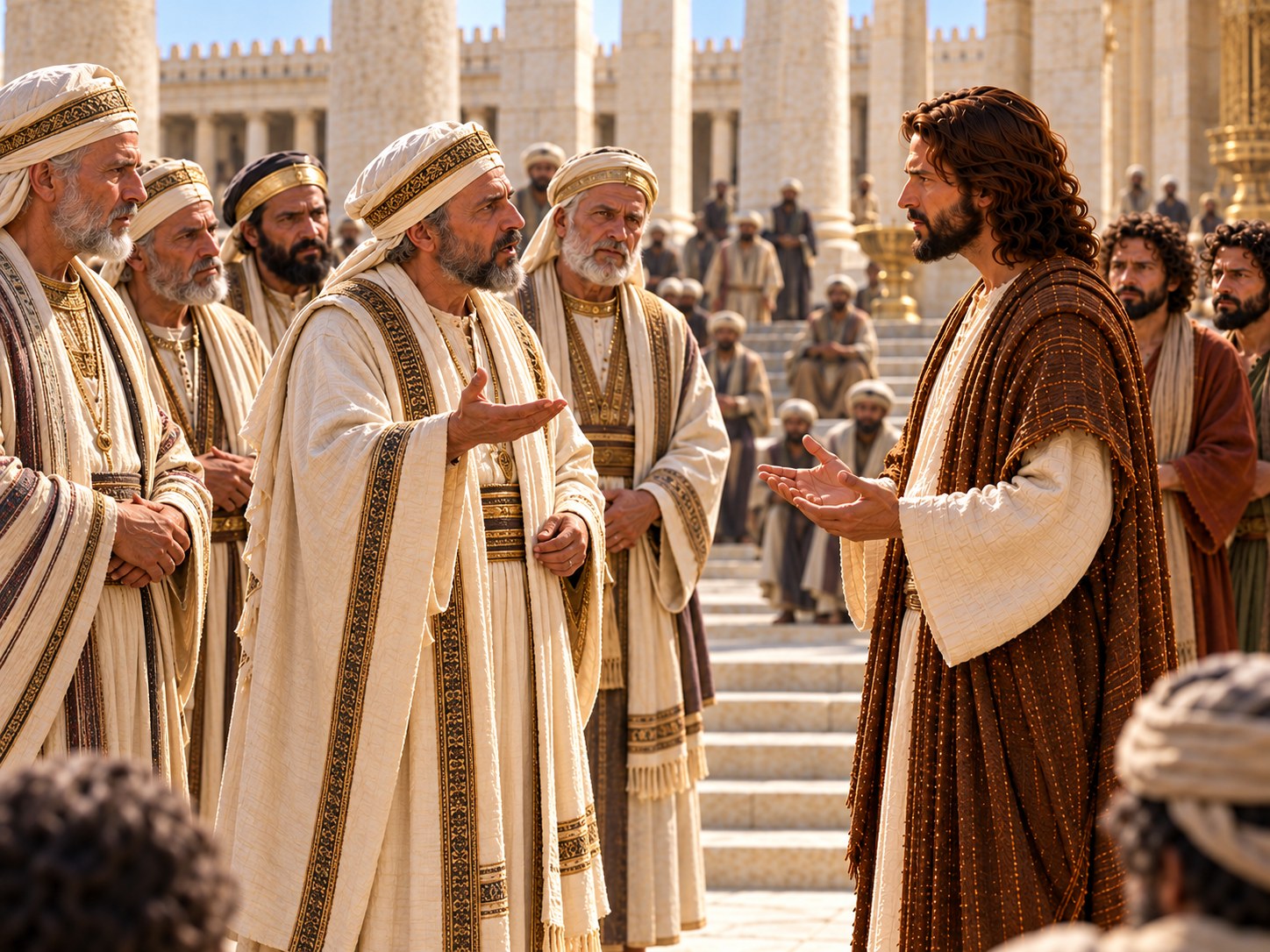 Grupo de homens de vestes sacerdotais aproximando-se de Jesus no pátio do templo de Jerusalém, com peregrinos ao fundo.