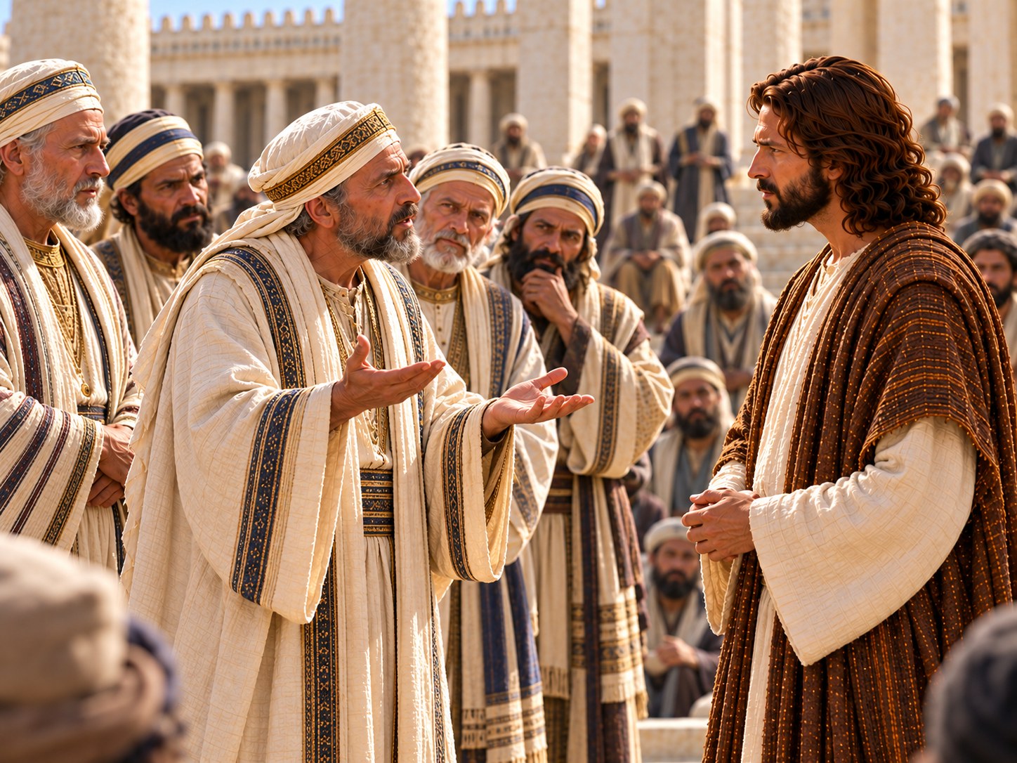 Grupo de homens interrogando um mestre no pátio do templo de Jerusalém, com a multidão escutando ao fundo.
