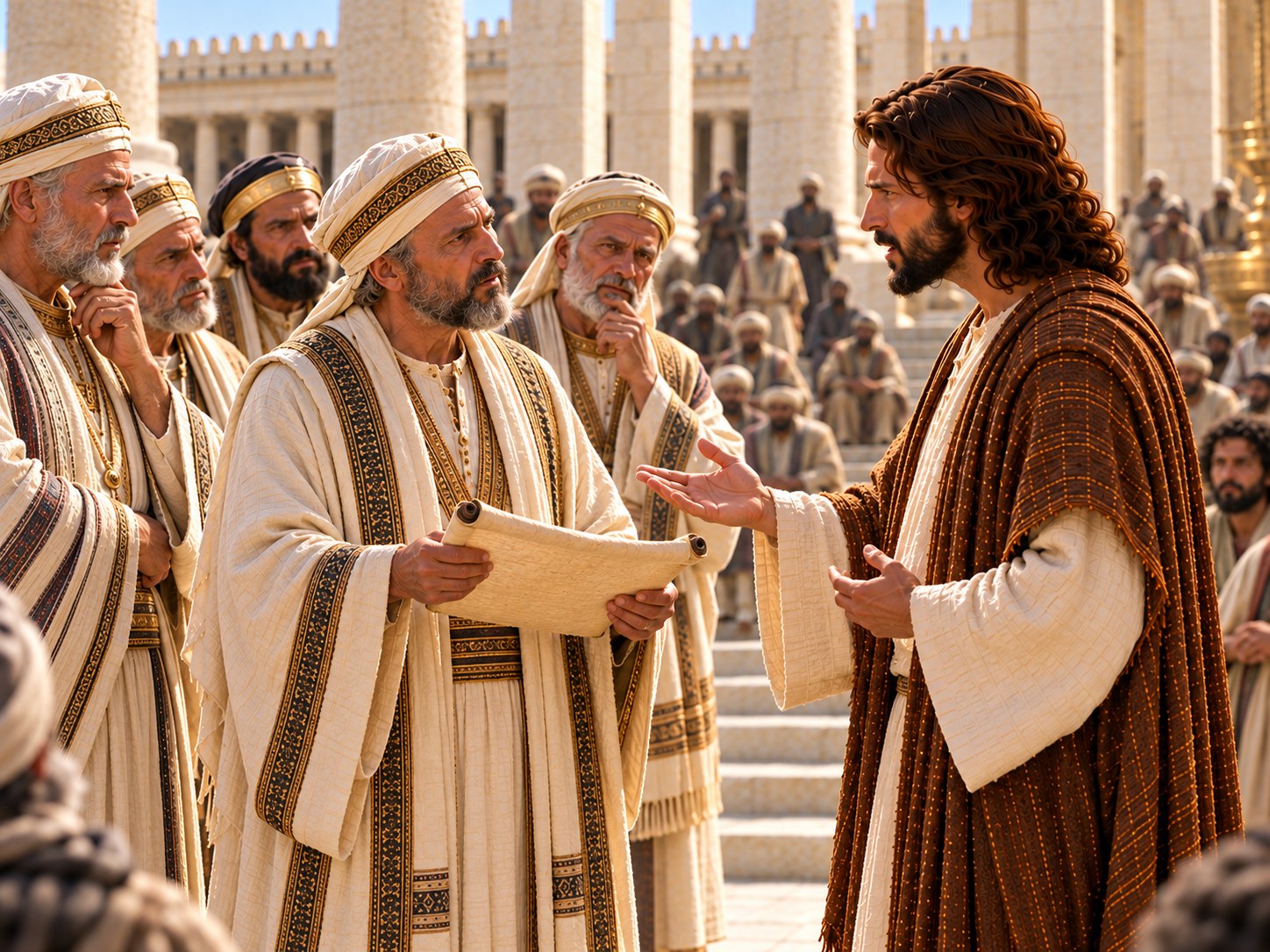 Jesus, de pé num pátio do templo de Jerusalém, responde a um grupo de homens de vestes sacerdotais enquanto a multidão observa ao redor.
