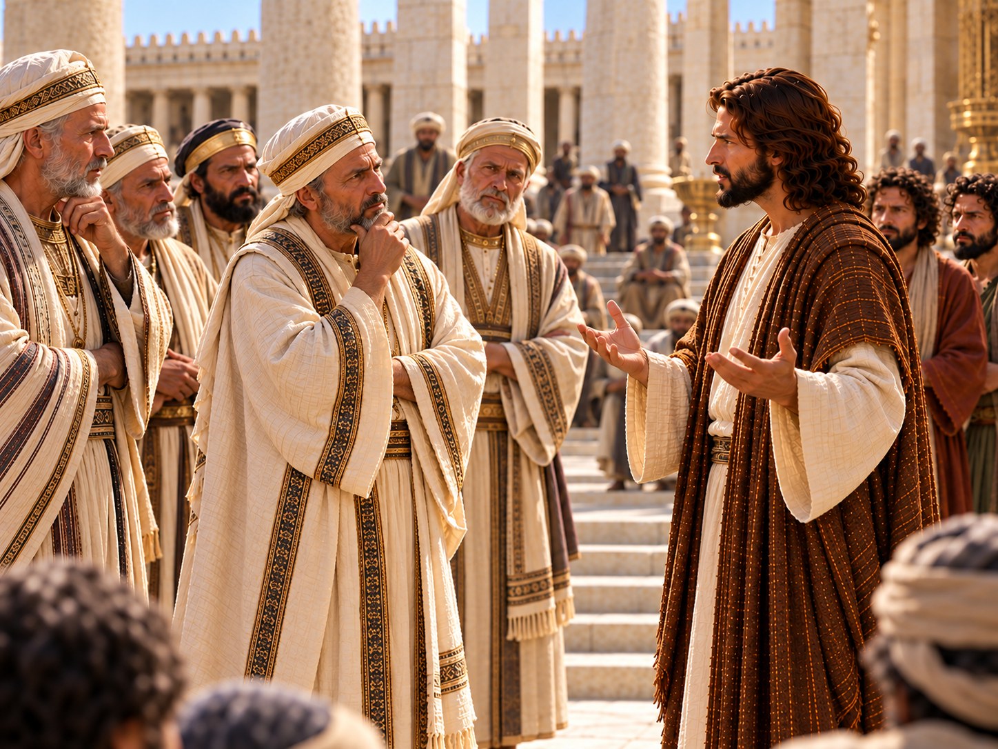 Jesus fala a um grupo de homens num pátio do templo de Jerusalém, com a multidão em volta ouvindo a resposta sobre a ressurreição.
