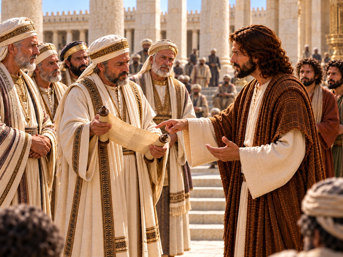 Jesus ergue a mão enquanto cita a Lei a um grupo de homens no pátio do templo, com rolos e colunas ao fundo.