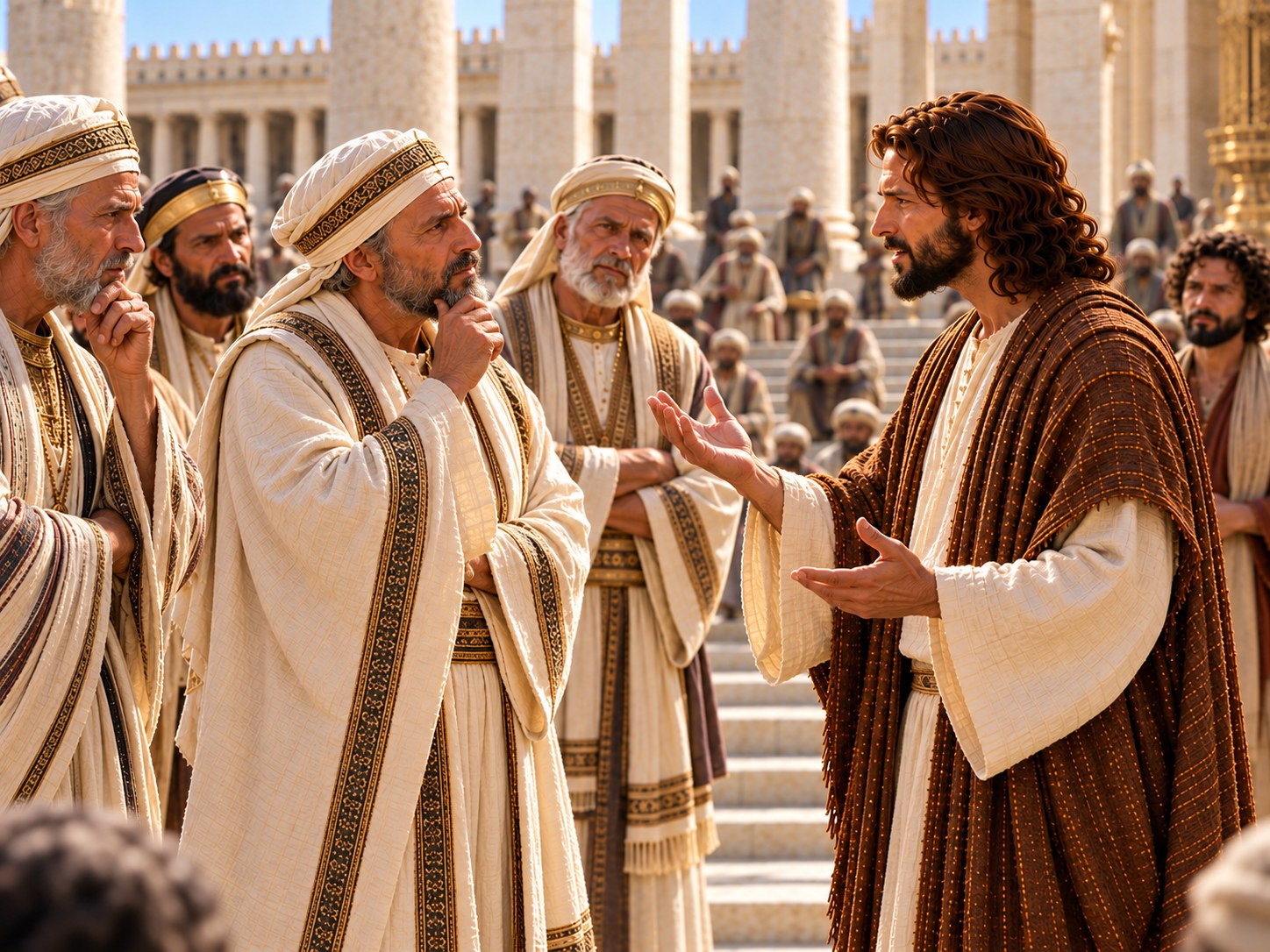 Jesus fala diante de um grupo de homens calados no pátio do templo, enquanto ao fundo a multidão se aproxima para ouvir.