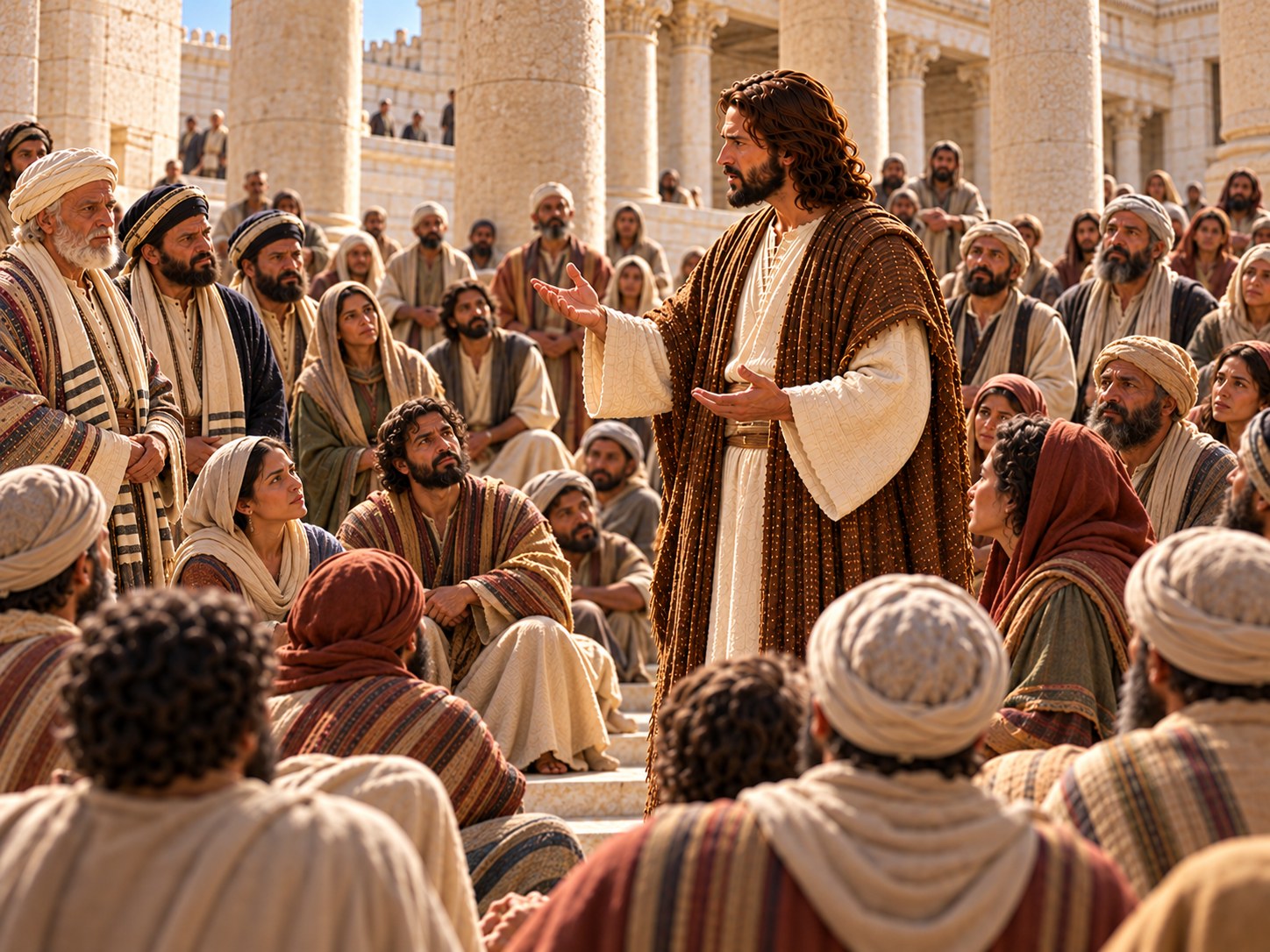 Multidão reunida no pátio externo do templo de Jerusalém ouve Jesus ensinar, com rostos de surpresa.