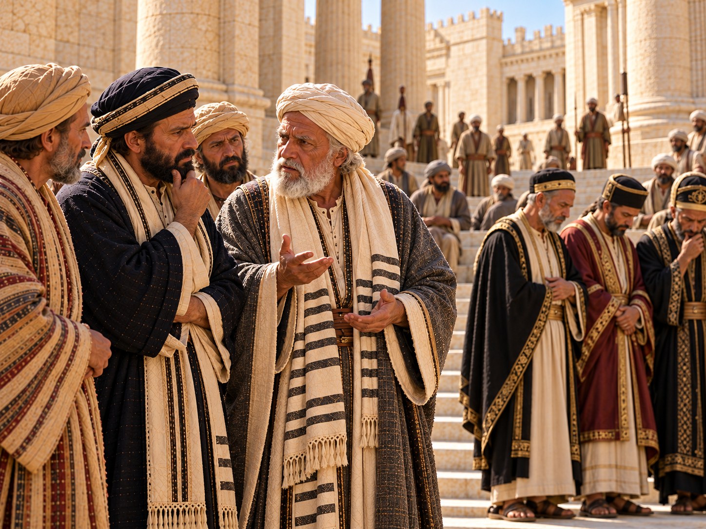 Grupo de homens de túnica reunido em círculo à sombra de um pórtico do Templo, falando baixo, enquanto ao fundo uma multidão escuta um mestre.