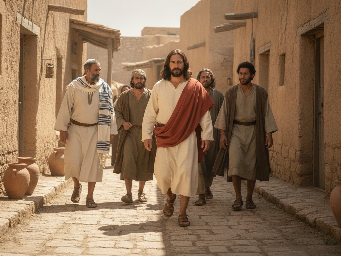Jesus se levanta e caminha em direção à casa de Jairo, acompanhado pelos discípulos, em referência a Mateus 9:19.
