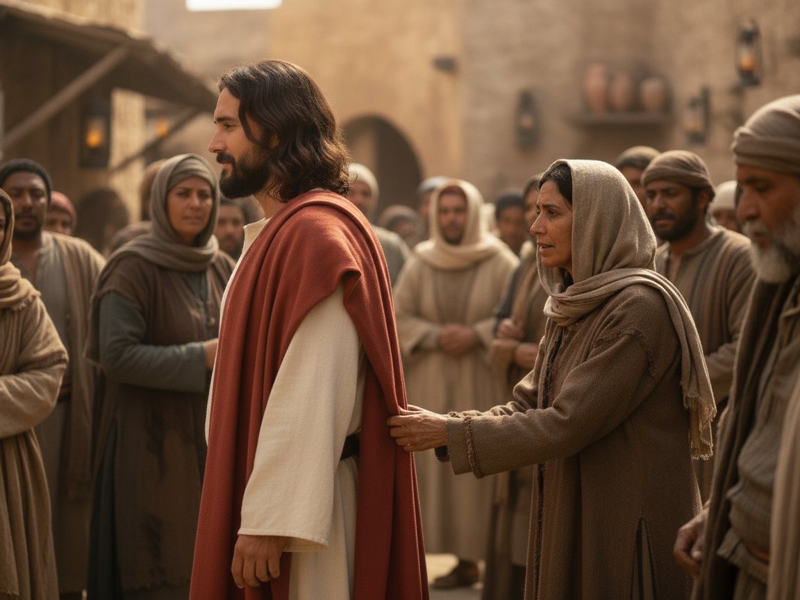Uma mulher se aproxima por trás de Jesus em meio à multidão e toca a borda da sua roupa, em referência a Mateus 9:20.