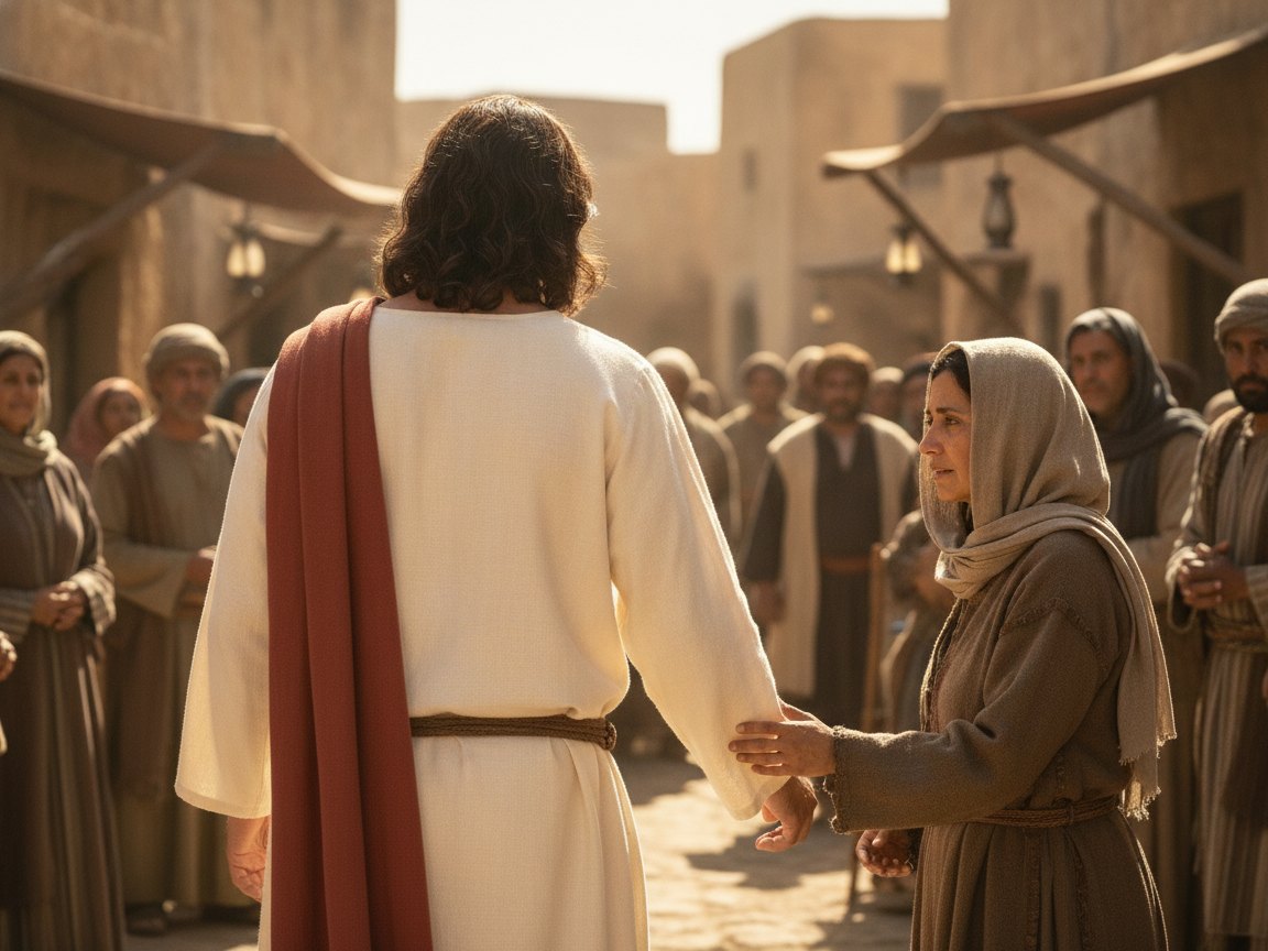 Mulher, em meio à multidão, decide no íntimo tocar a roupa de Jesus para ser curada, em referência a Mateus 9:21.