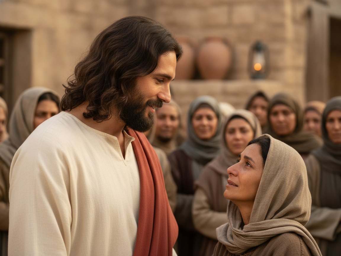 Jesus se vira na multidão, olha com compaixão para a mulher curada e a chama de filha, em referência a Mateus 9:22.