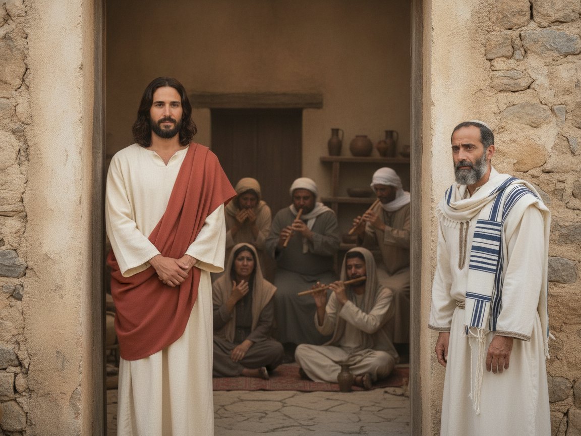 Jesus chega à casa de Jairo e encontra tocadores de flauta e a multidão em pranto pelo luto, em referência a Mateus 9:23.