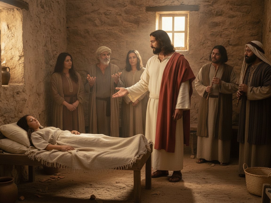 Jesus na casa de Jairo declarando que a menina apenas dorme enquanto os enlutados riem dele