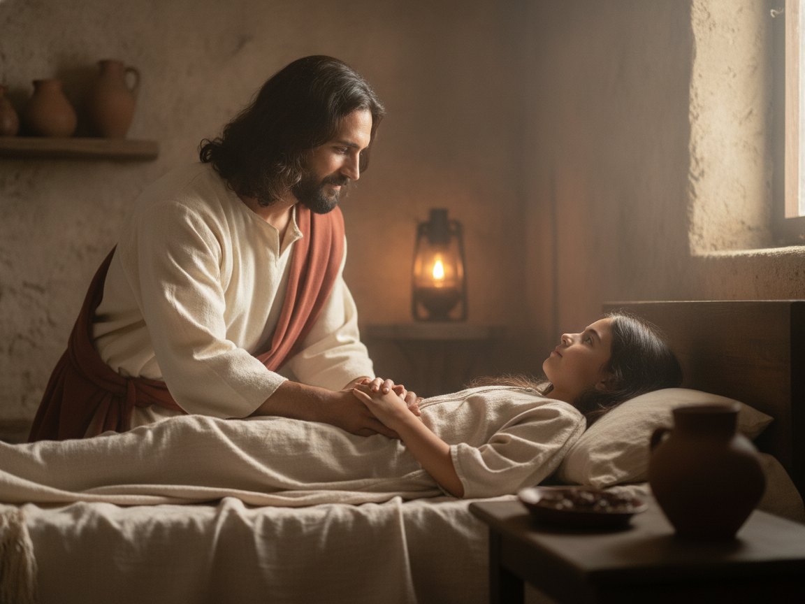 Jesus segurando a mão da filha de Jairo no quarto e a menina se levantando da morte
