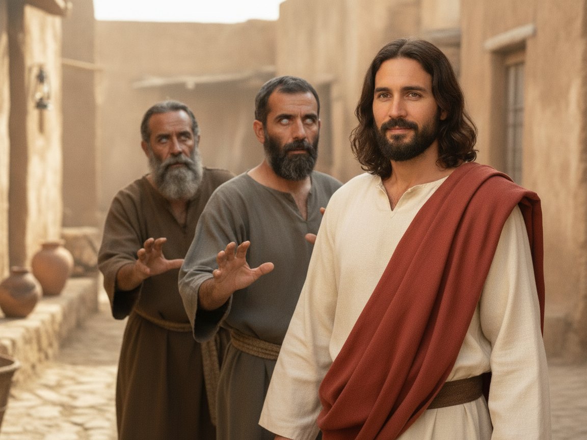 Dois cegos seguindo Jesus e clamando por misericórdia, chamando-o de Filho de Davi
