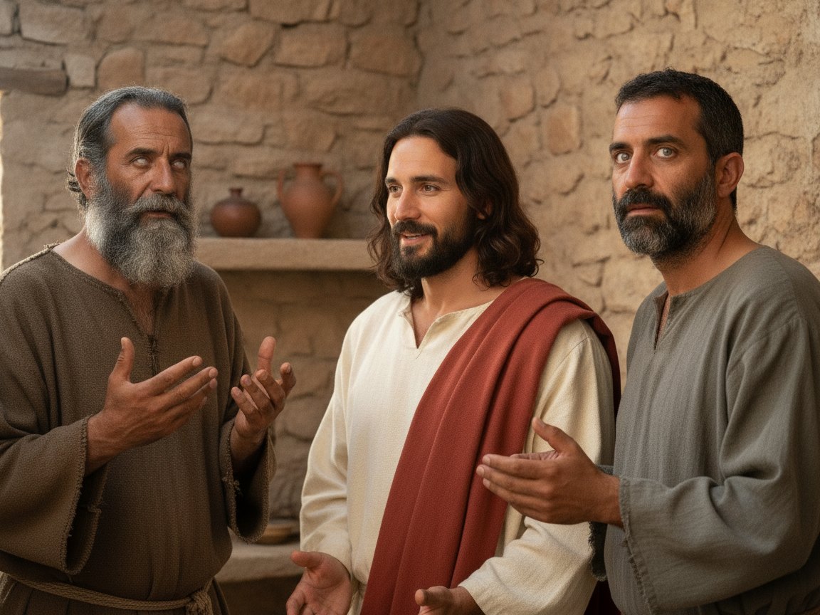 Os dois cegos diante de Jesus dentro de casa respondendo Sim, Senhor à pergunta sobre a fé