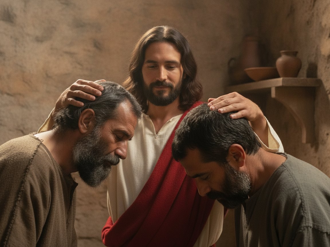 Jesus tocando os olhos dos dois cegos para curá-los, conforme a fé deles
