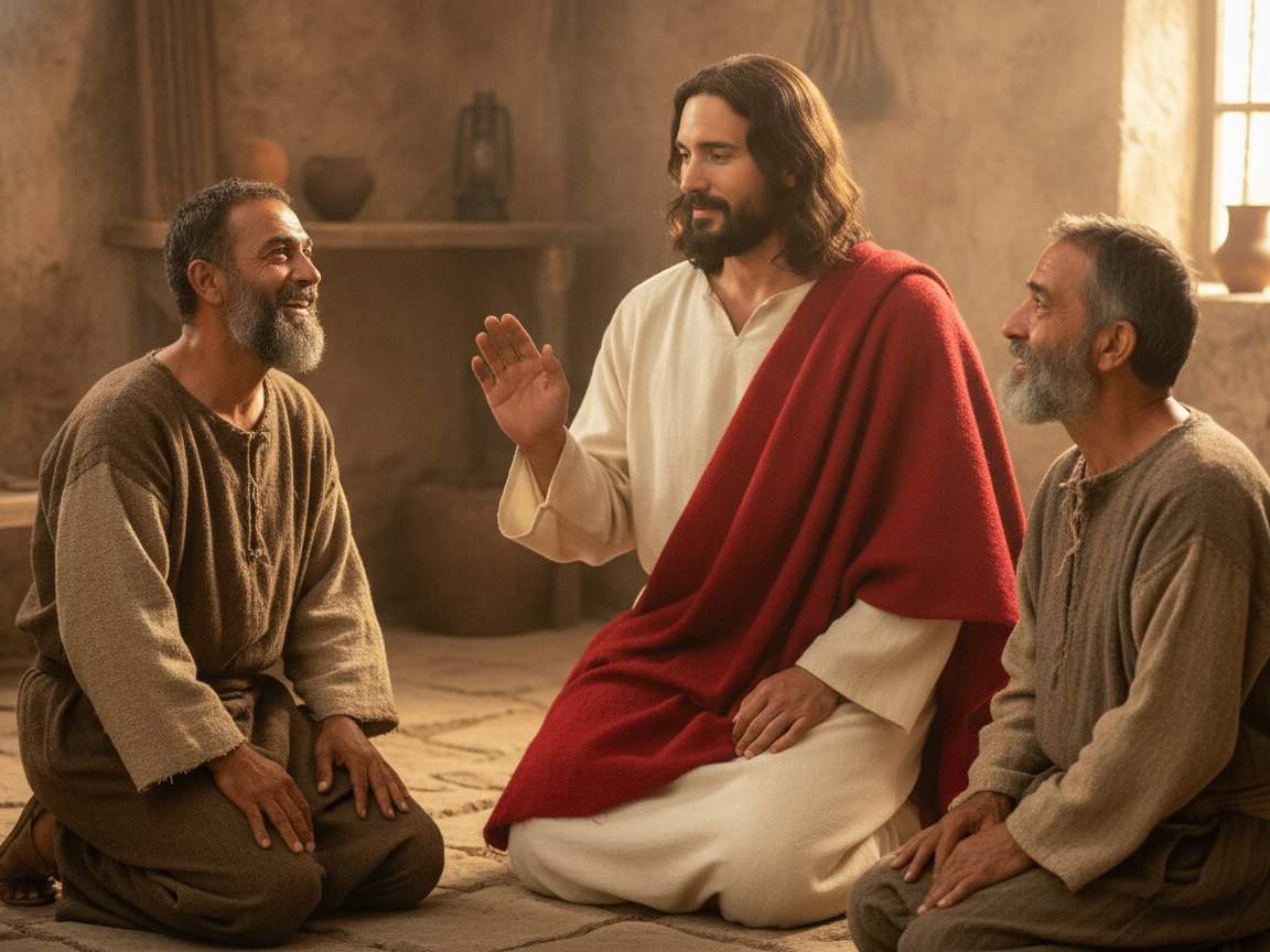 Os dois cegos curados, de olhos abertos diante de Jesus, que os adverte a guardar silêncio