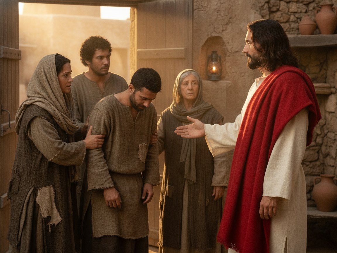 Pessoas trazem a Jesus um homem mudo e endemoninhado, em cenário da época, ao entardecer.