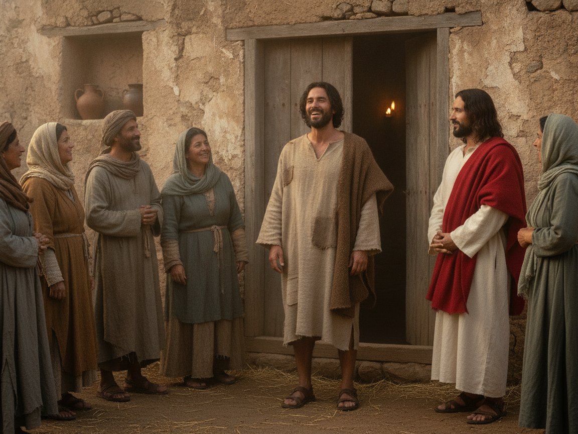 O homem antes mudo fala diante de Jesus enquanto a multidão observa maravilhada, em cenário da época.